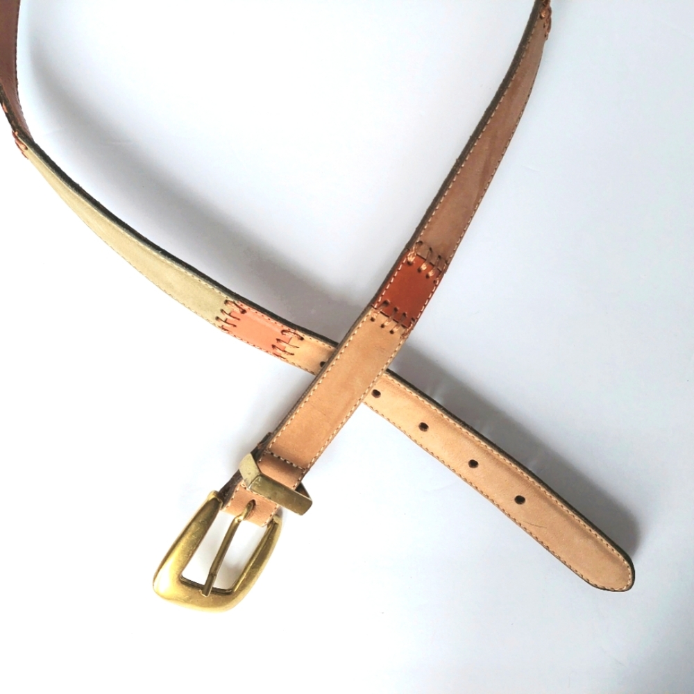 EUC Fossil Winens Nubuck & Leather Patchwork Belt with Brass Buckle/Keeper Sz L